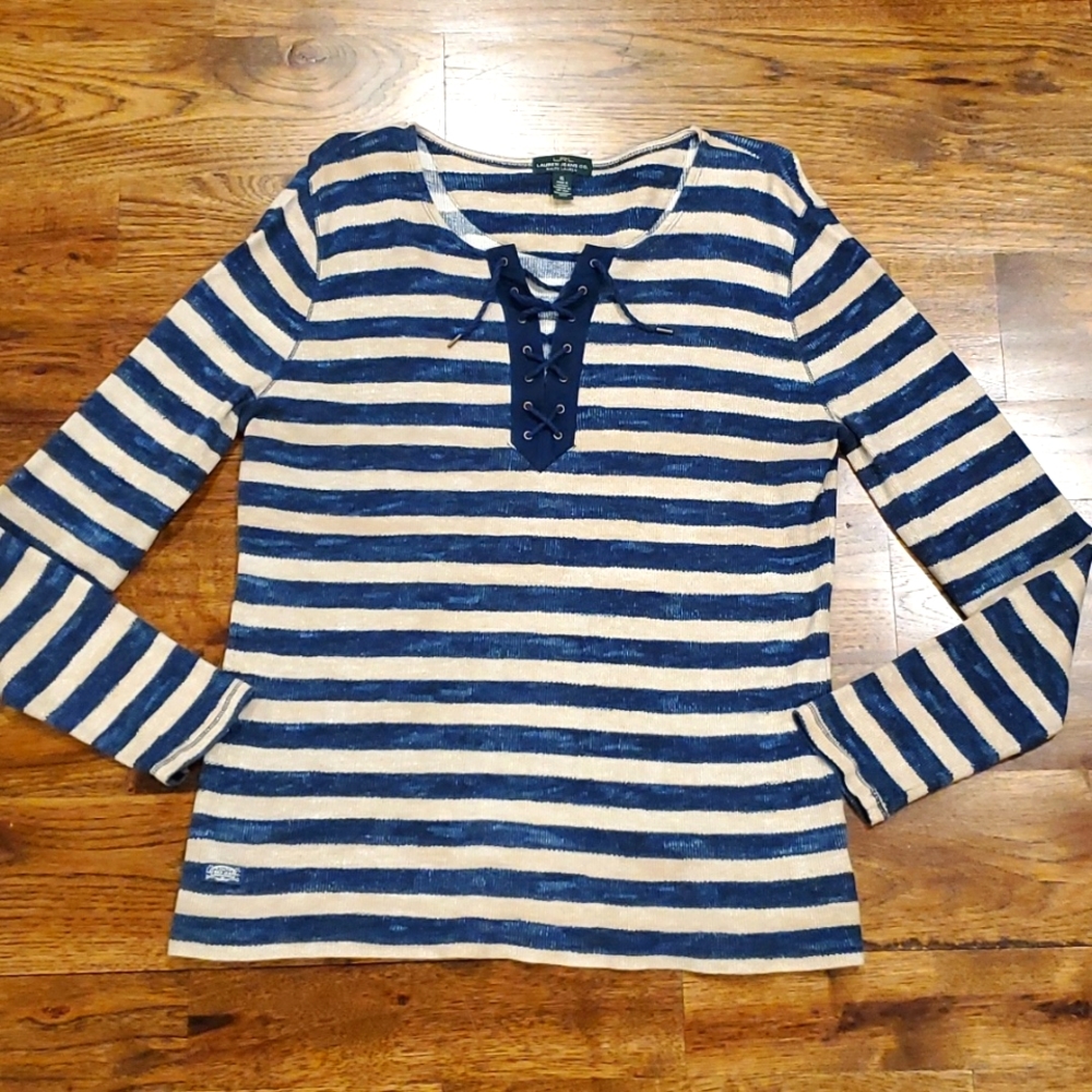 Womens Lauren Ralph Lauren tan & navy lace up thermal top size XL